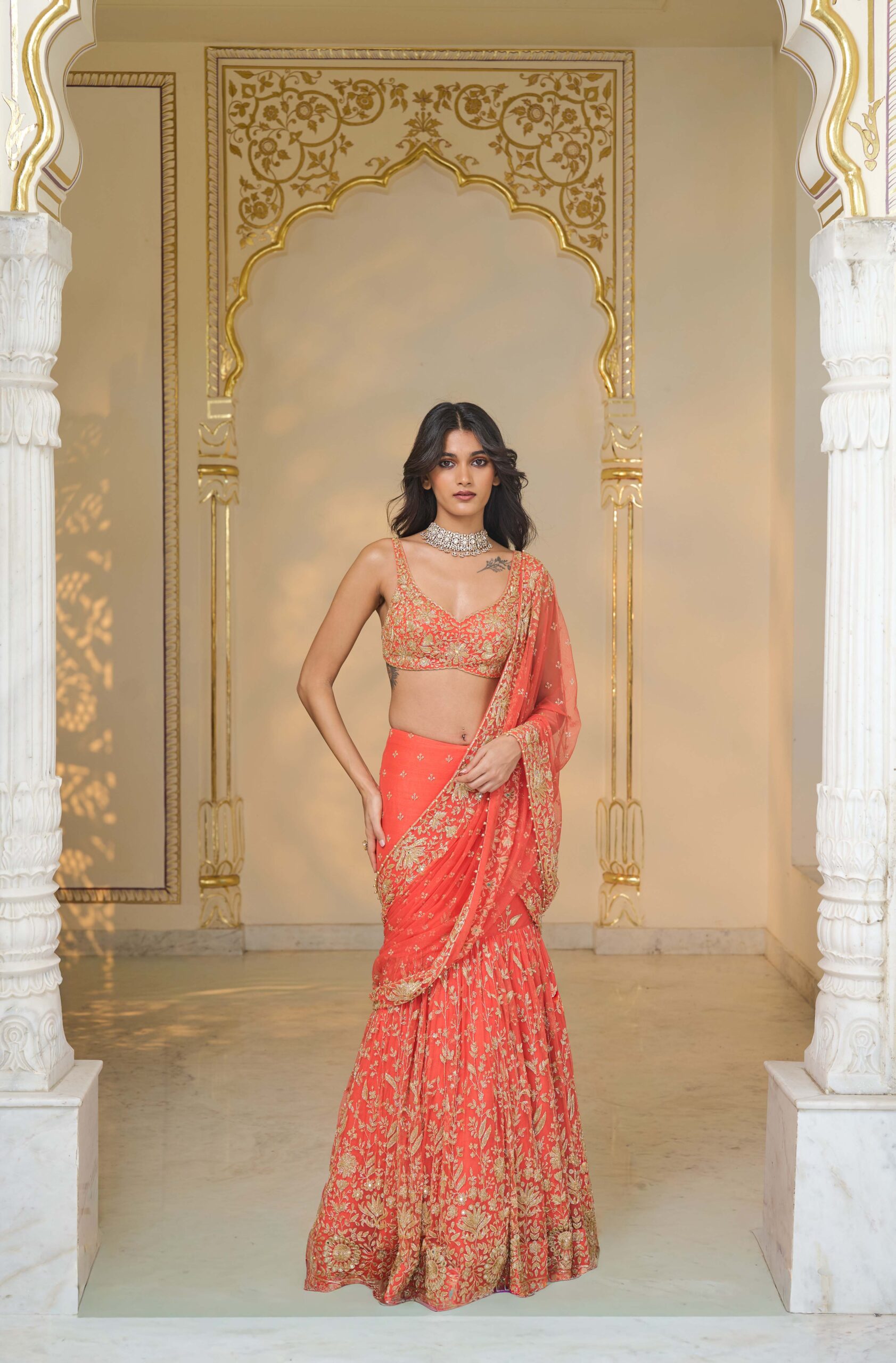 Warm coral hip hug hand embroidered sari set