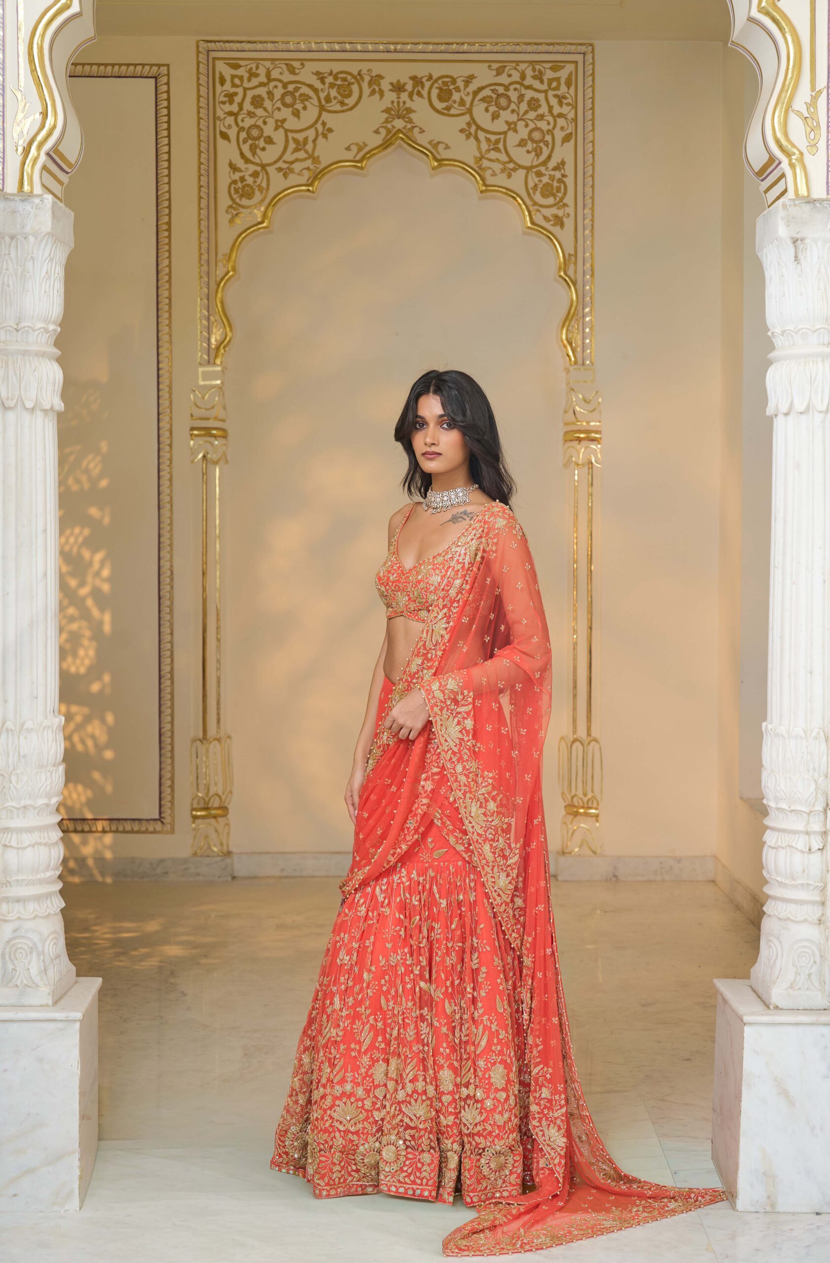 Warm coral hip hug hand embroidered sari set - Image 2