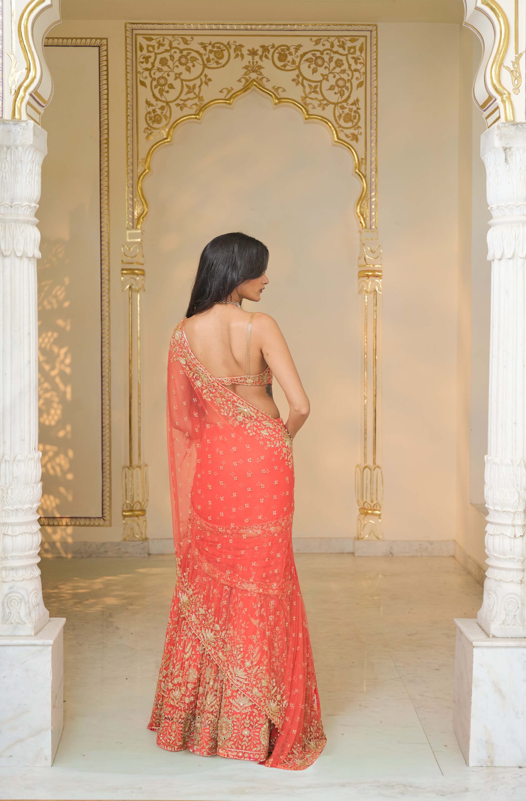 Warm coral hip hug hand embroidered sari set - Image 4