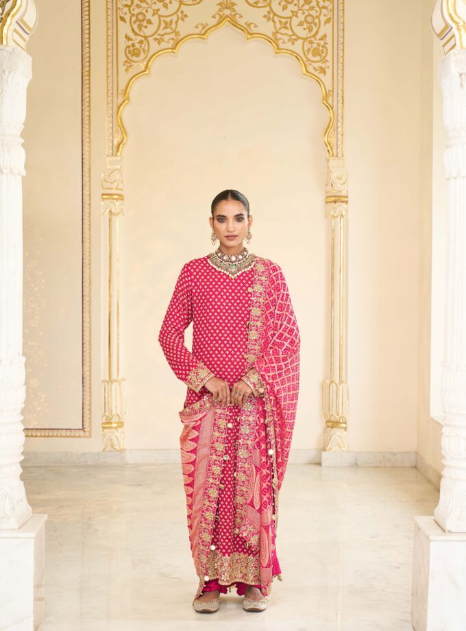 Pink star butti hand embroidered long kurta set