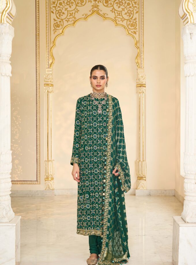 Green bandhani hand embroidered long kurta set