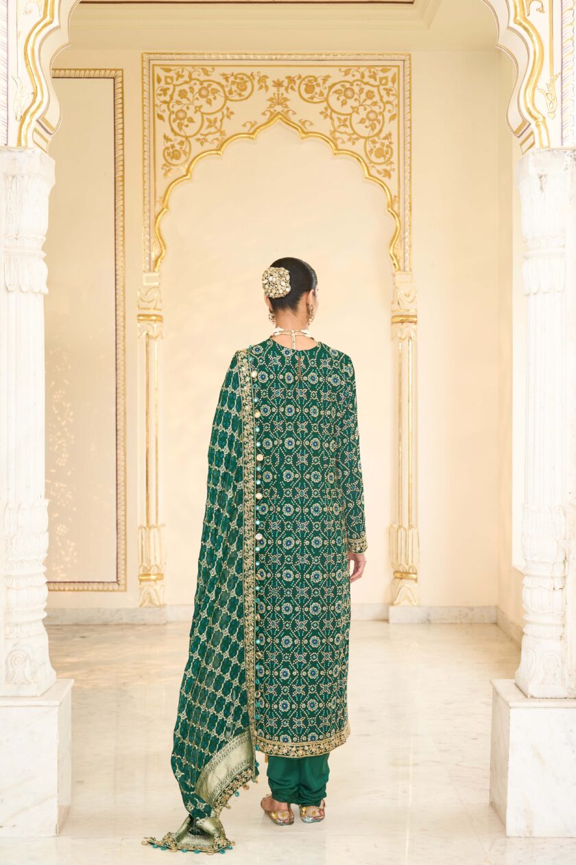 Green bandhani hand embroidered long kurta set - Image 4