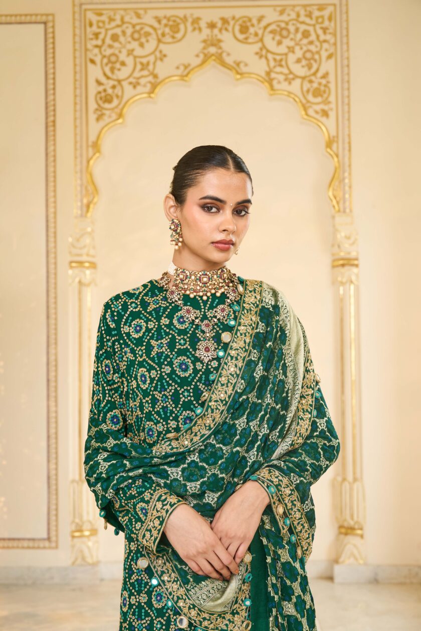 Green bandhani hand embroidered long kurta set - Image 5