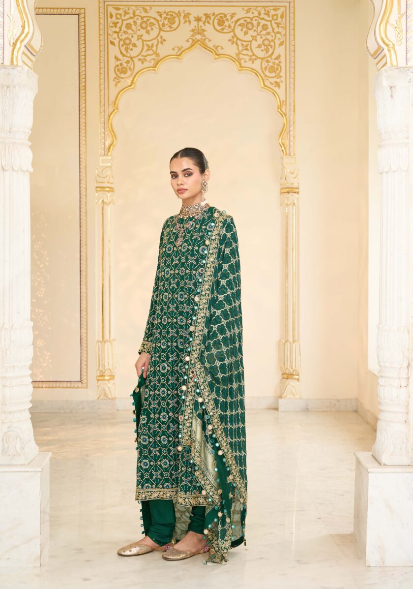 Green bandhani hand embroidered long kurta set - Image 2