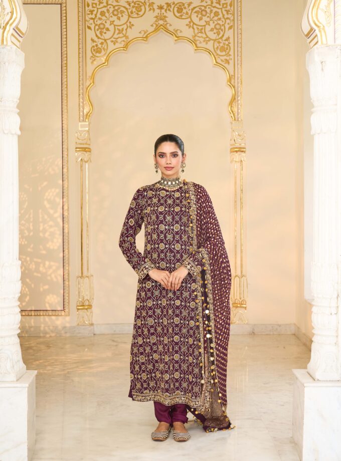 Maroon bandhani hand embroidered long kurta set