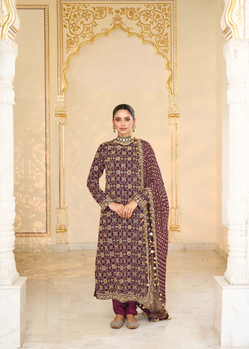 Maroon bandhani hand embroidered long kurta set