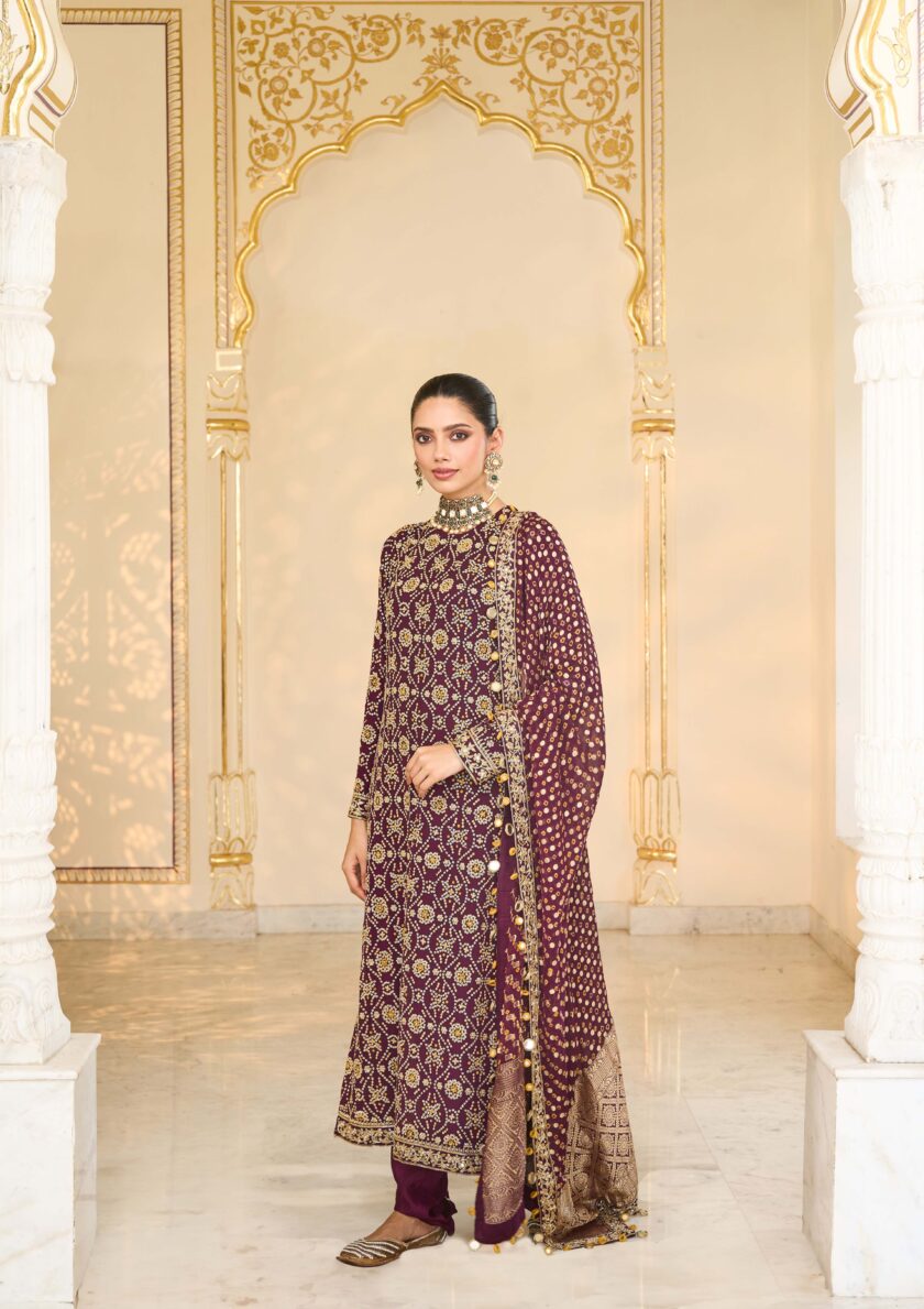 Maroon bandhani hand embroidered long kurta set - Image 2