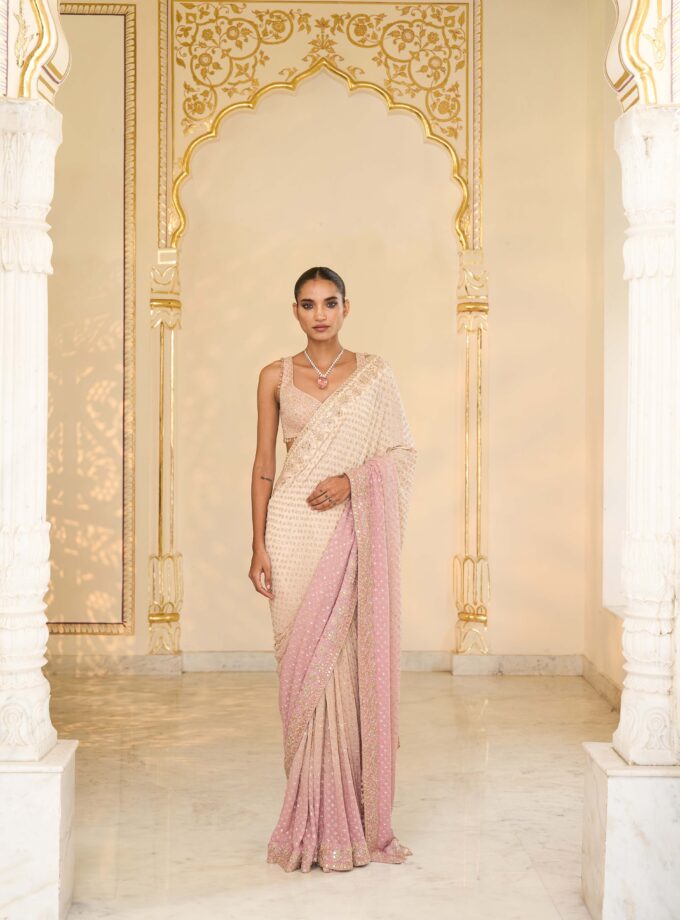 Pink shaded hand embroidered sari set