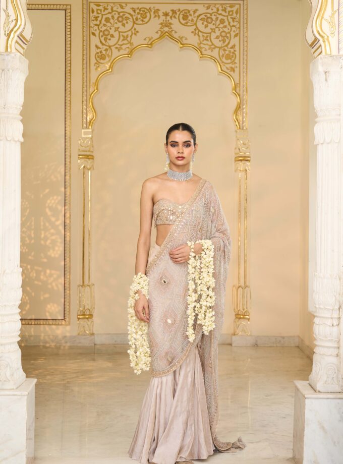Rose gold tissue godet hand embroidered sari set