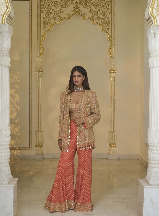 Warm coral hand embroidered Jacket & sharara set