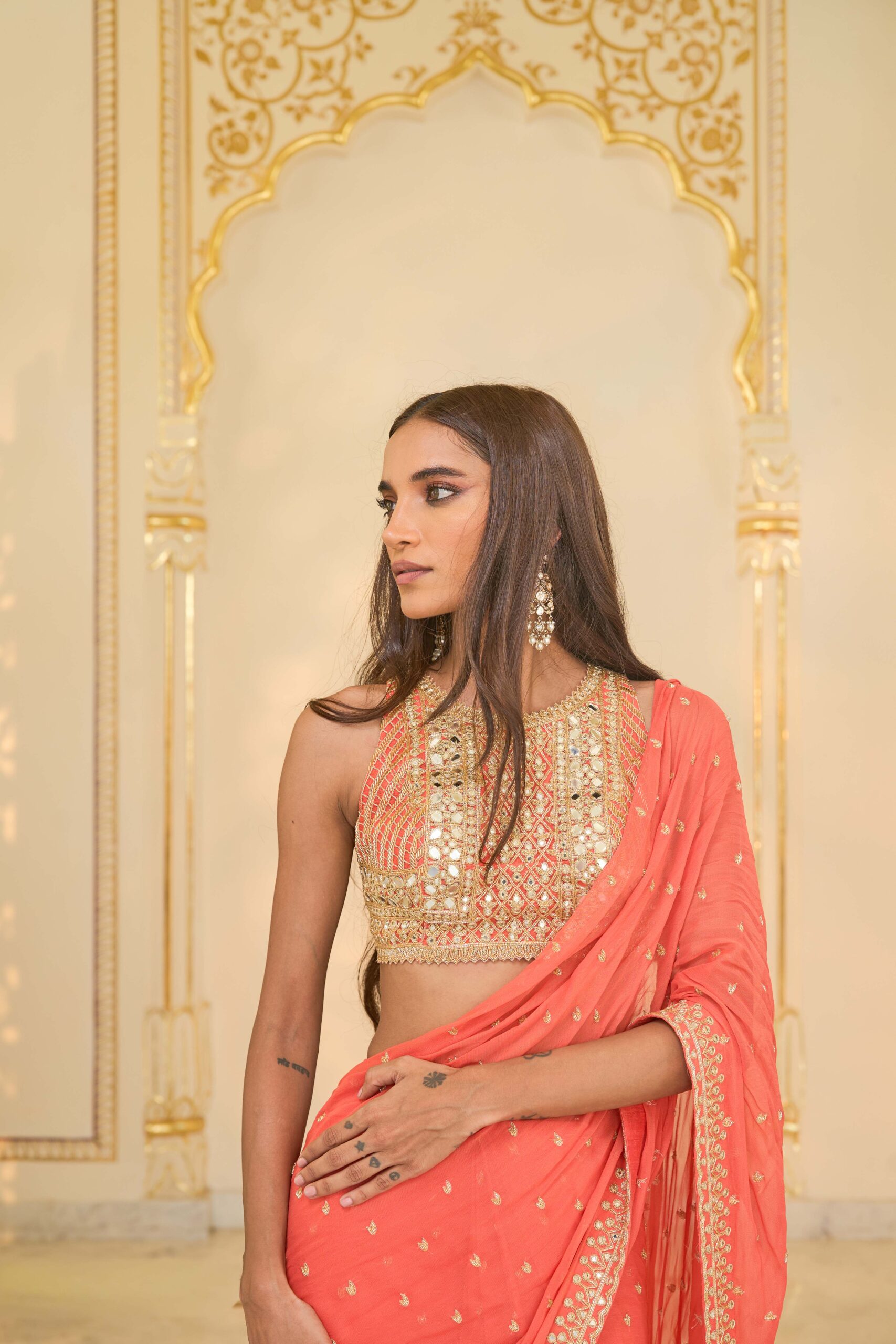 Warm coral hand embroidered tiered sari set - Image 4