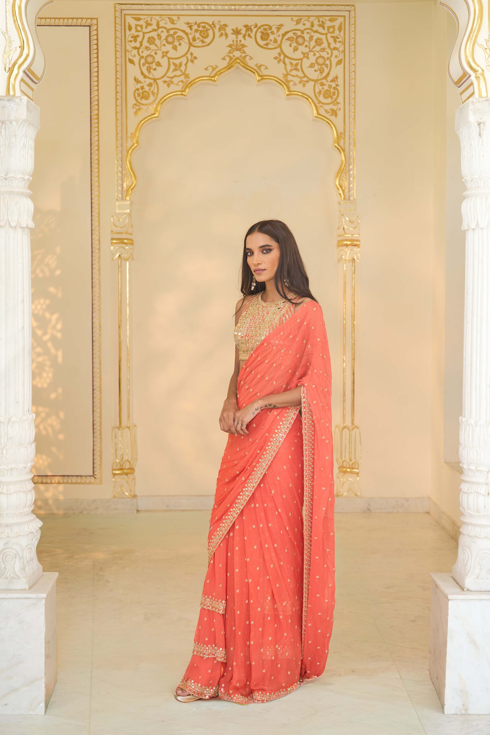 Warm coral hand embroidered tiered sari set - Image 2