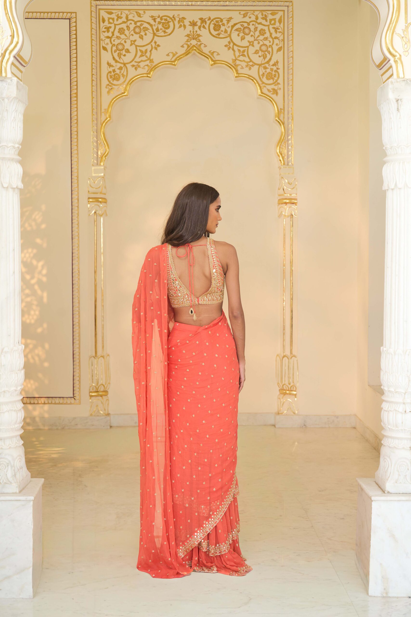 Warm coral hand embroidered tiered sari set - Image 3