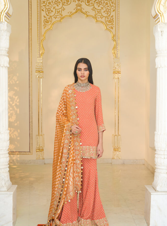 Warm coral hand embroidered short kurta & sharara set