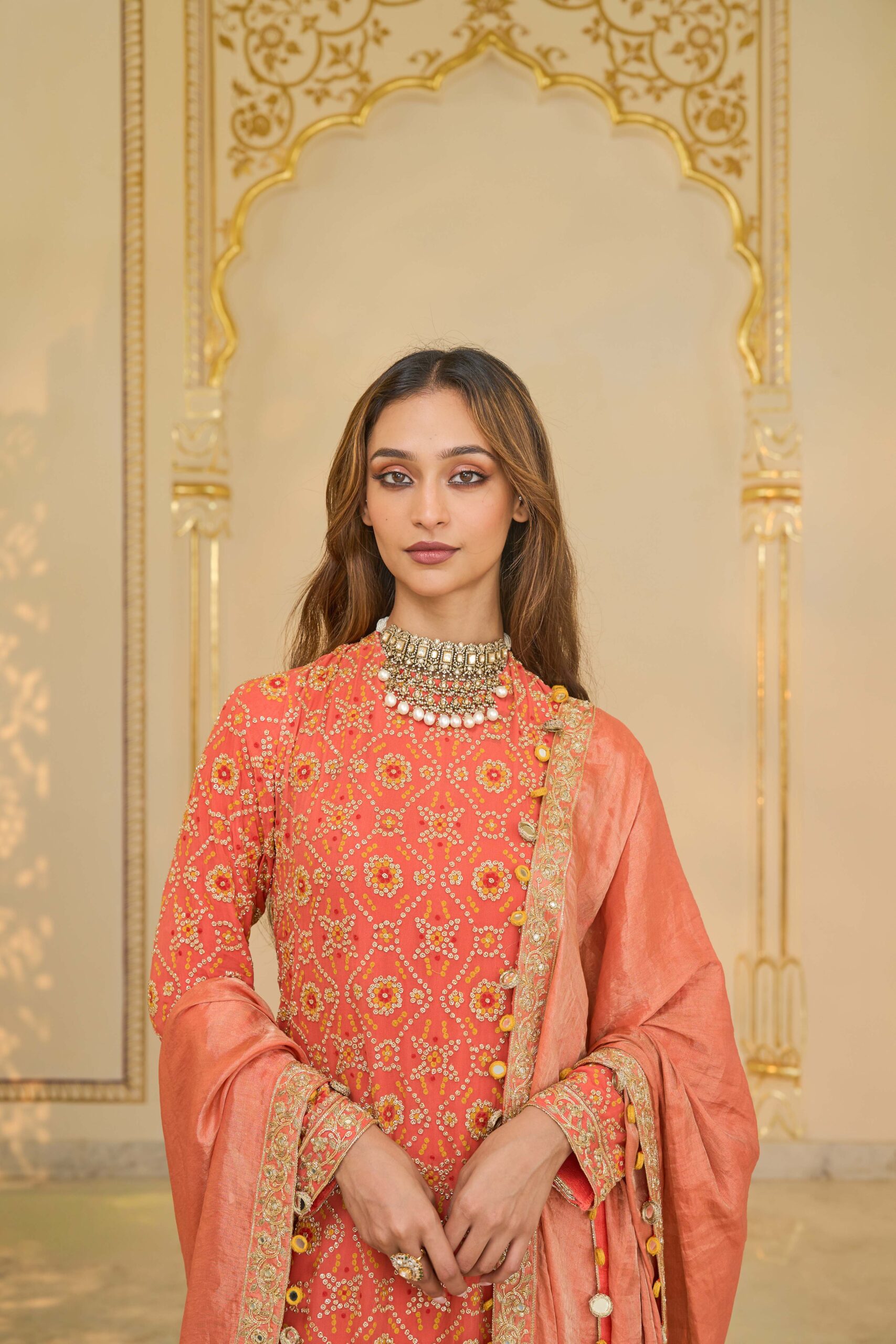 Warm coral hand embroidered bandhani kurta set - Image 5