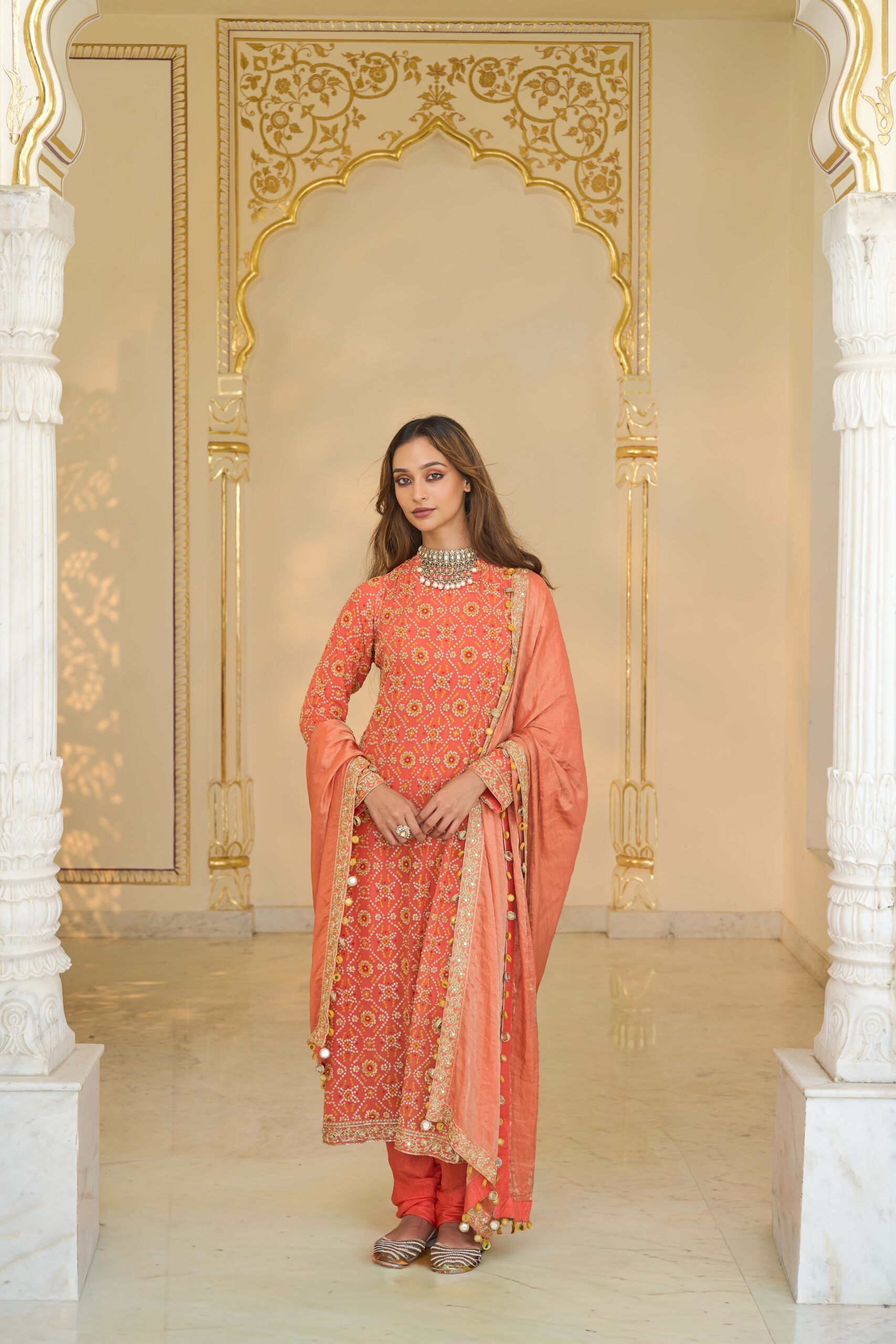 Warm coral hand embroidered bandhani kurta set