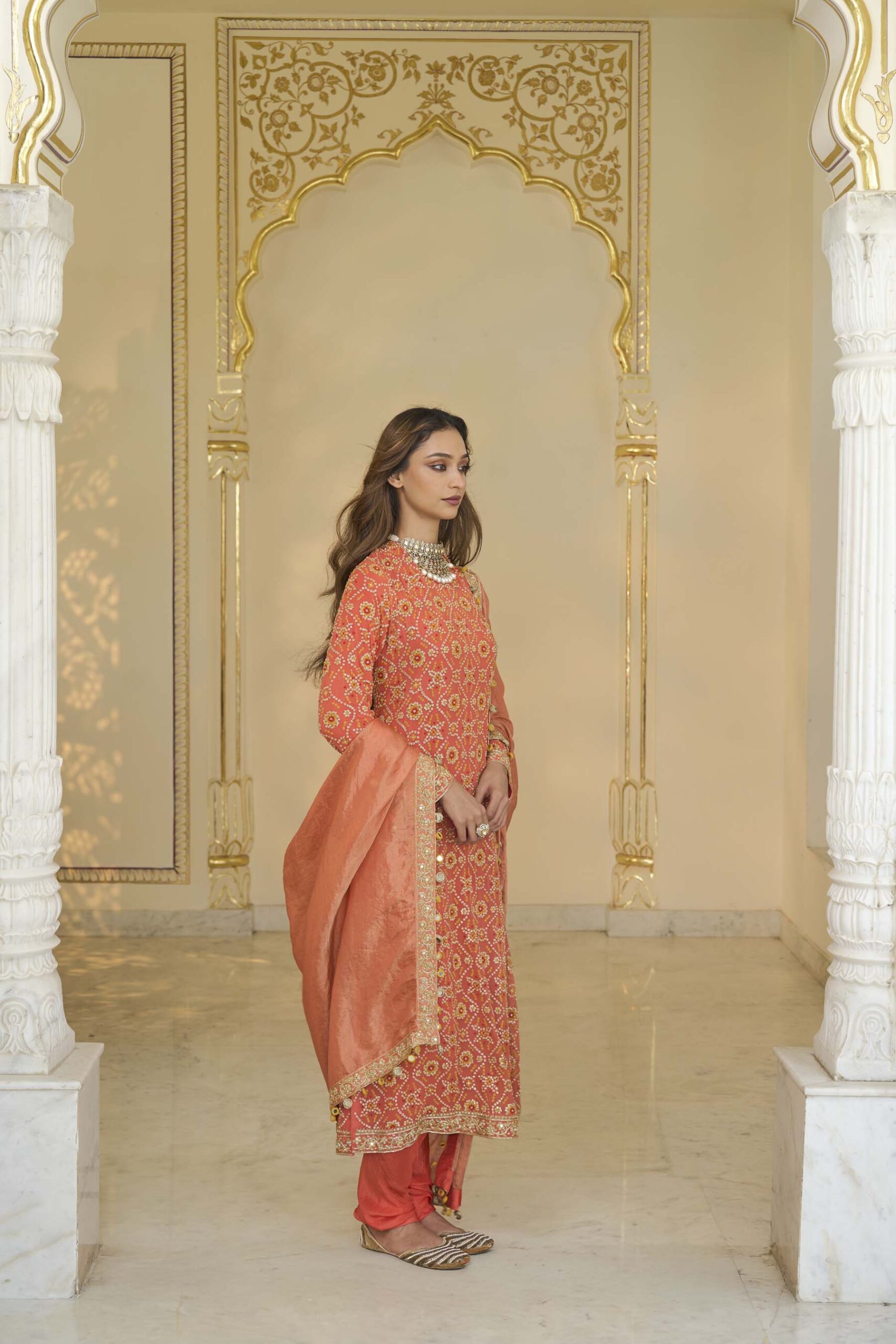 Warm coral hand embroidered bandhani kurta set - Image 3
