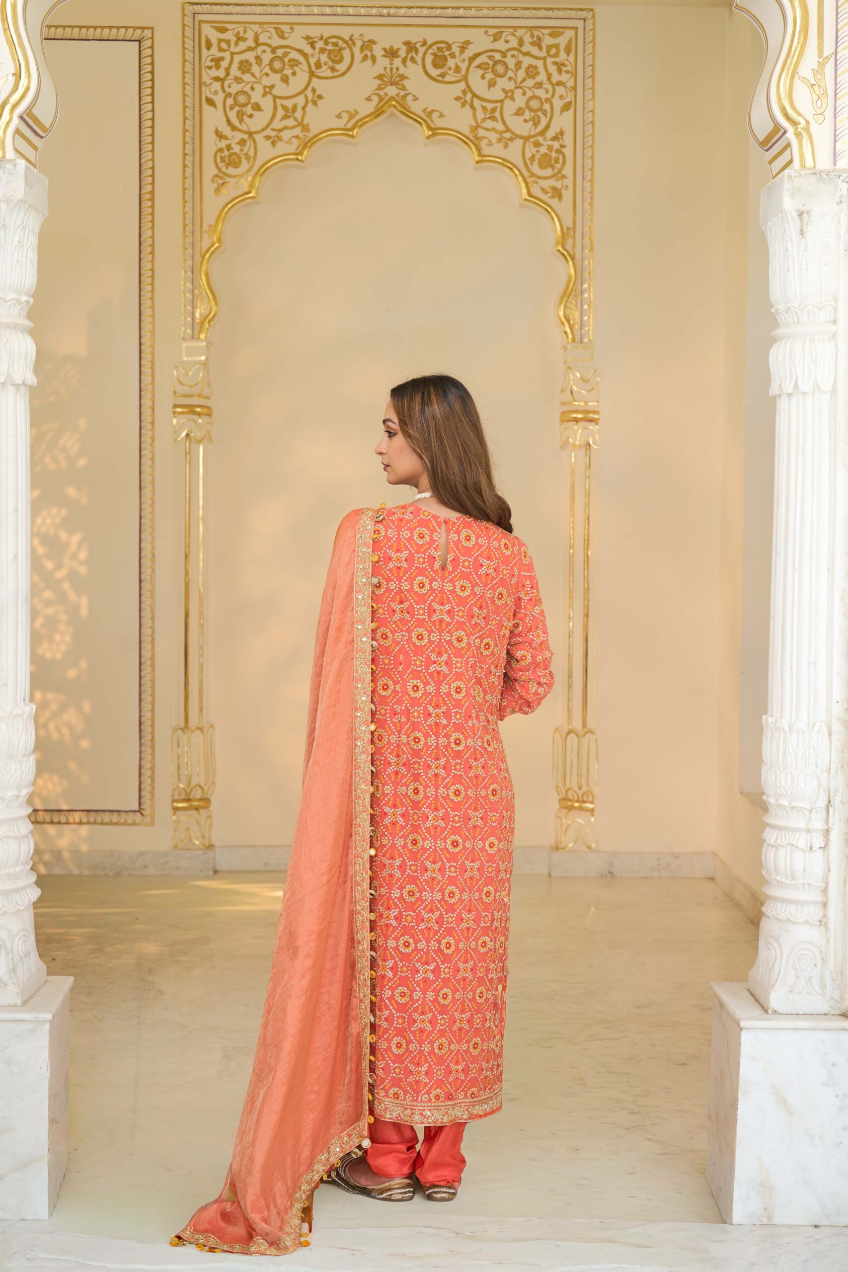 Warm coral hand embroidered bandhani kurta set - Image 4