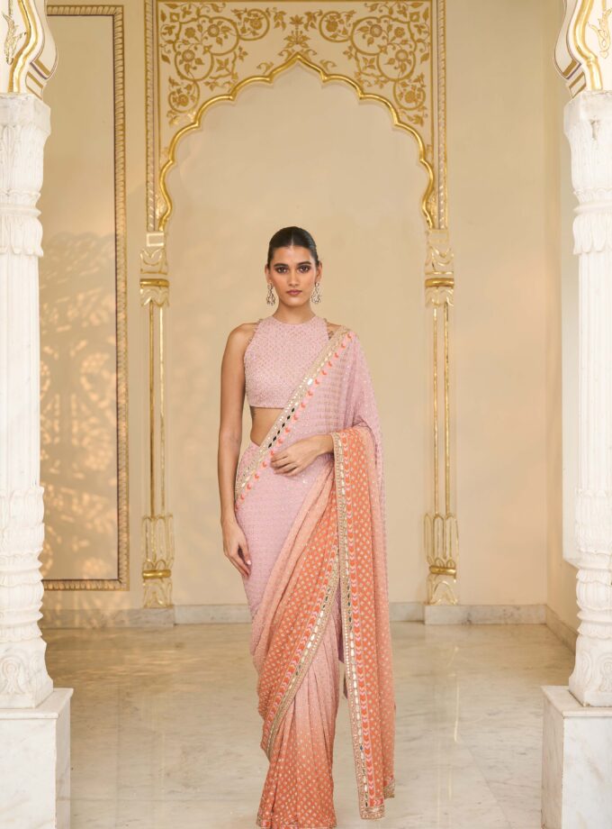 Mauve shaded hand embroidered sari set
