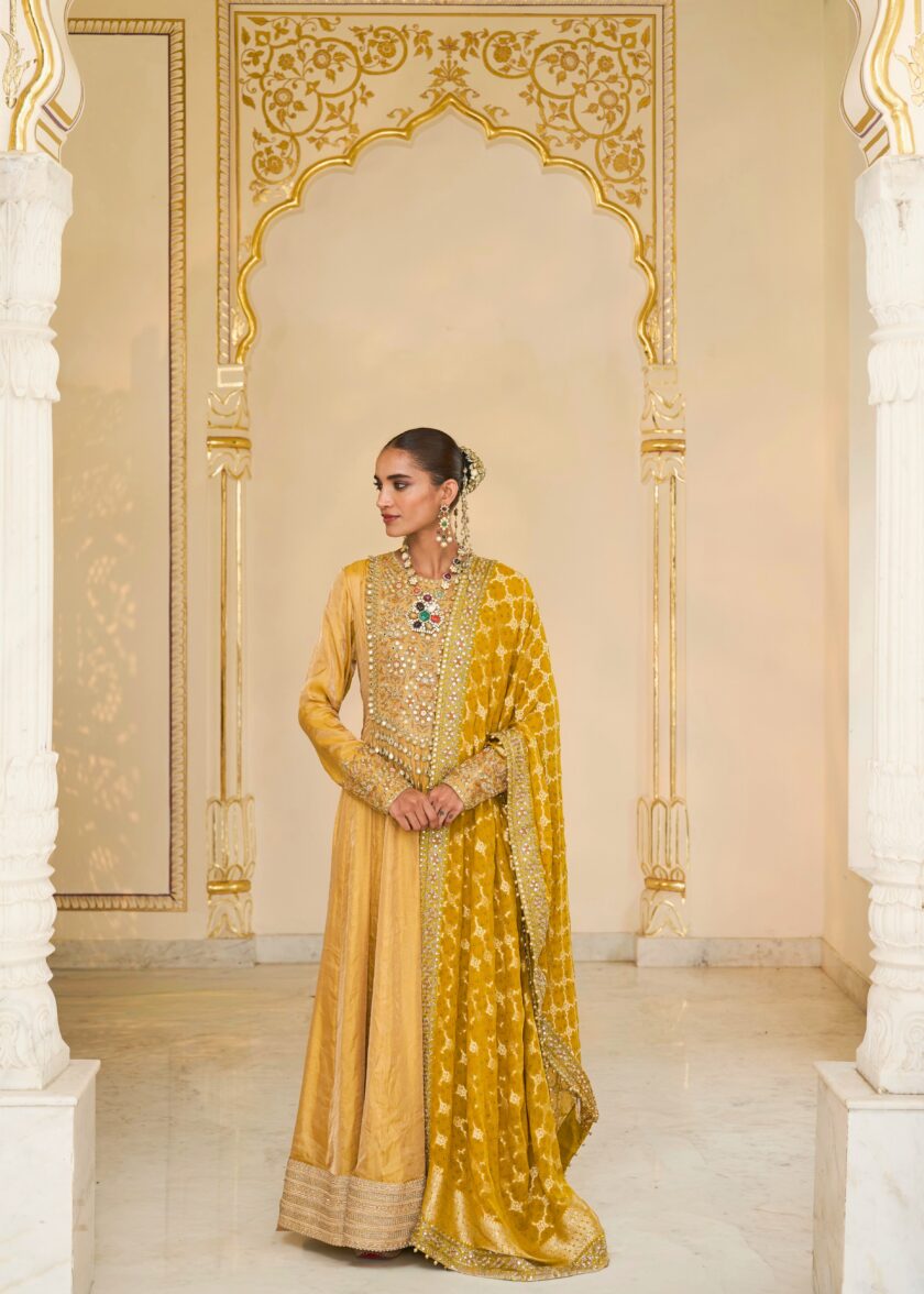 Yellow tissue & multi thread hand embroidered anarkali set - Image 2