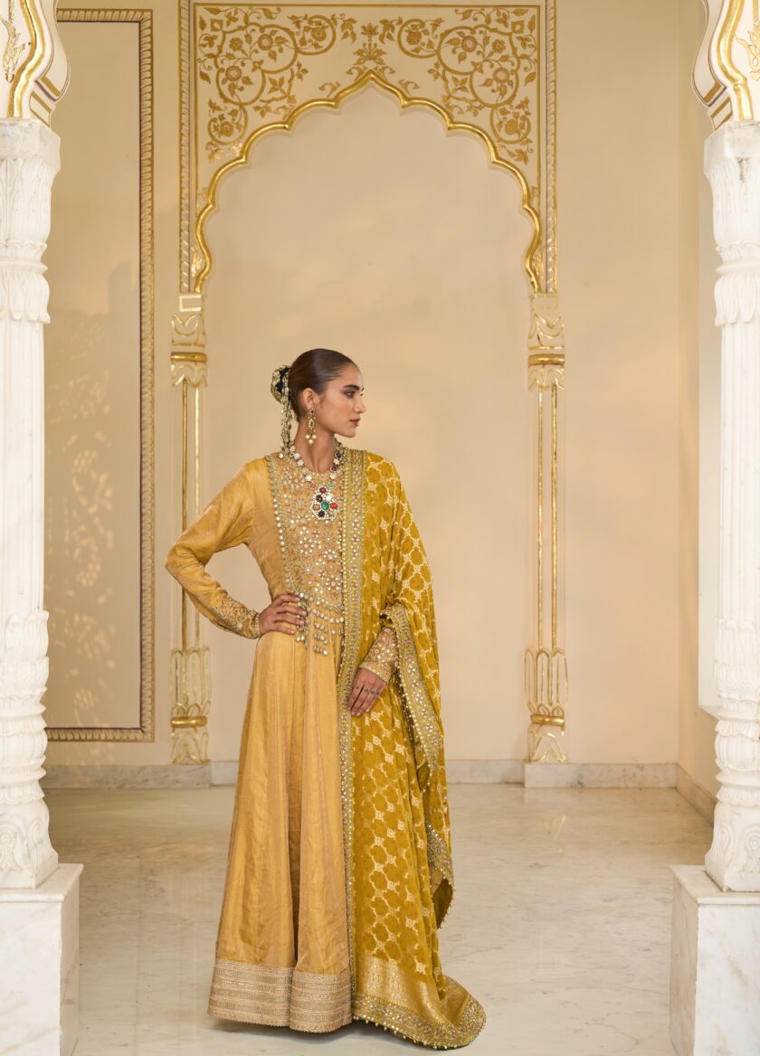 Yellow tissue & multi thread hand embroidered anarkali set - Image 3