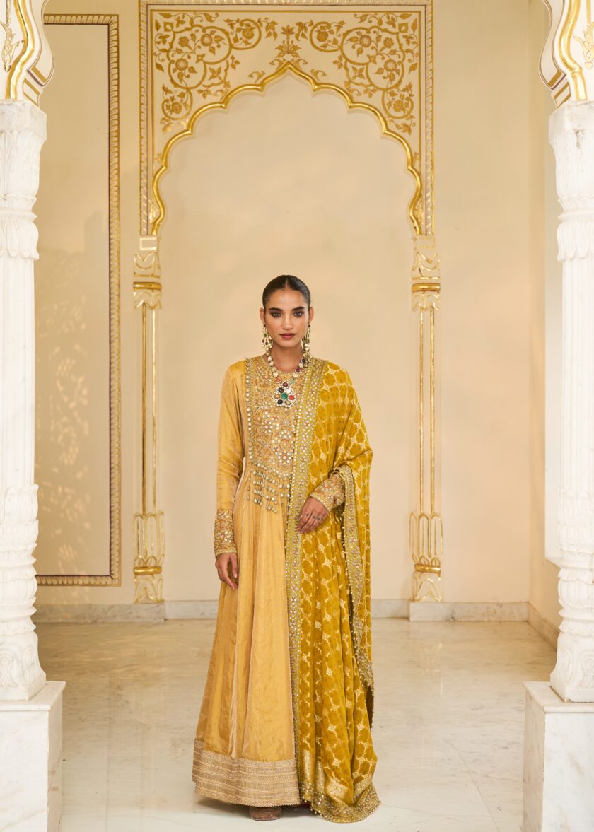 Yellow tissue & multi thread hand embroidered anarkali set