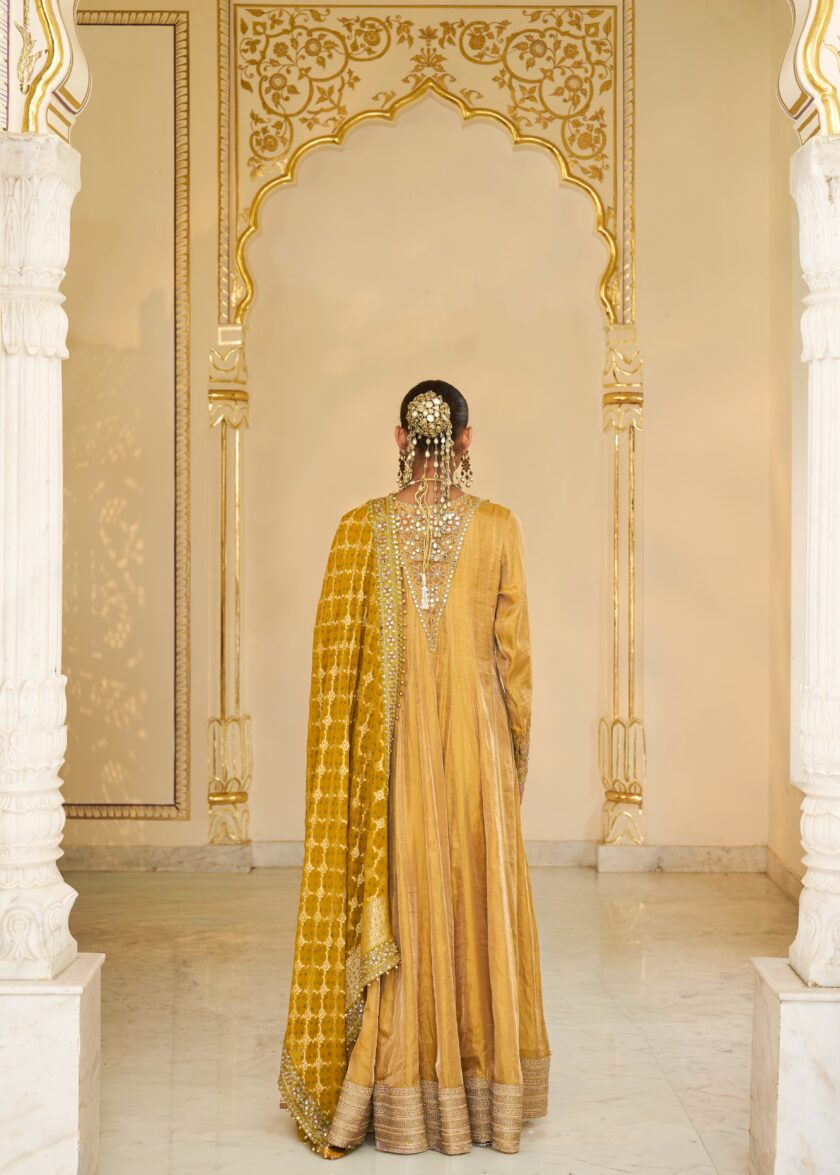 Yellow tissue & multi thread hand embroidered anarkali set - Image 4