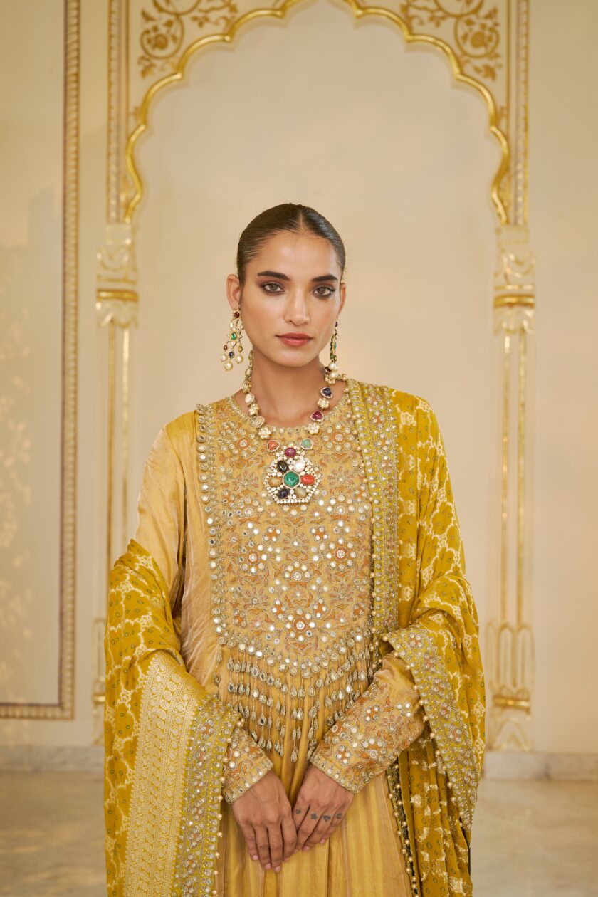 Yellow tissue & multi thread hand embroidered anarkali set - Image 5