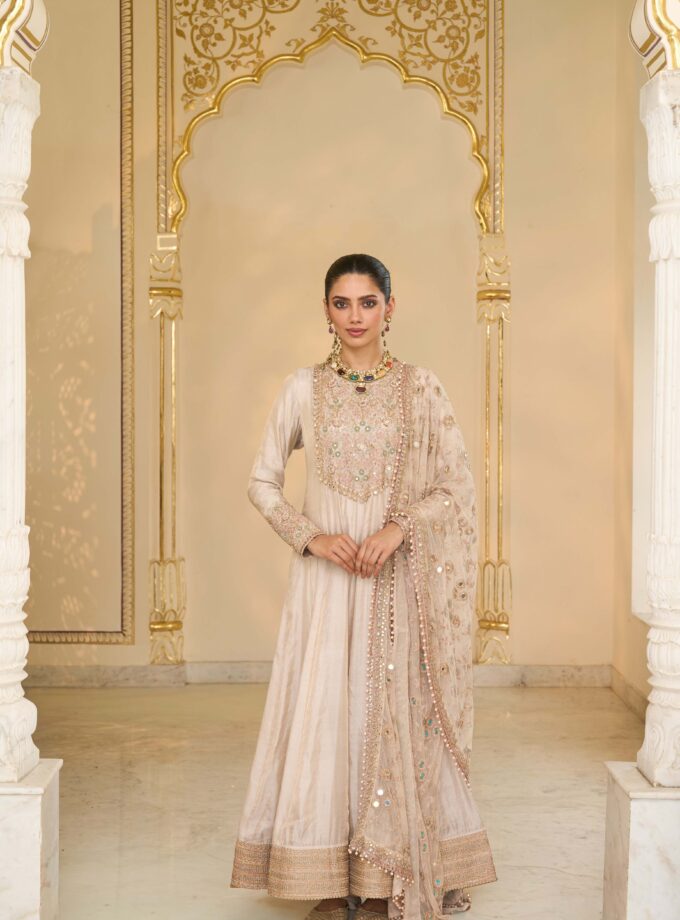 Rose gold tissue & multi thread hand embroidered anarkali set