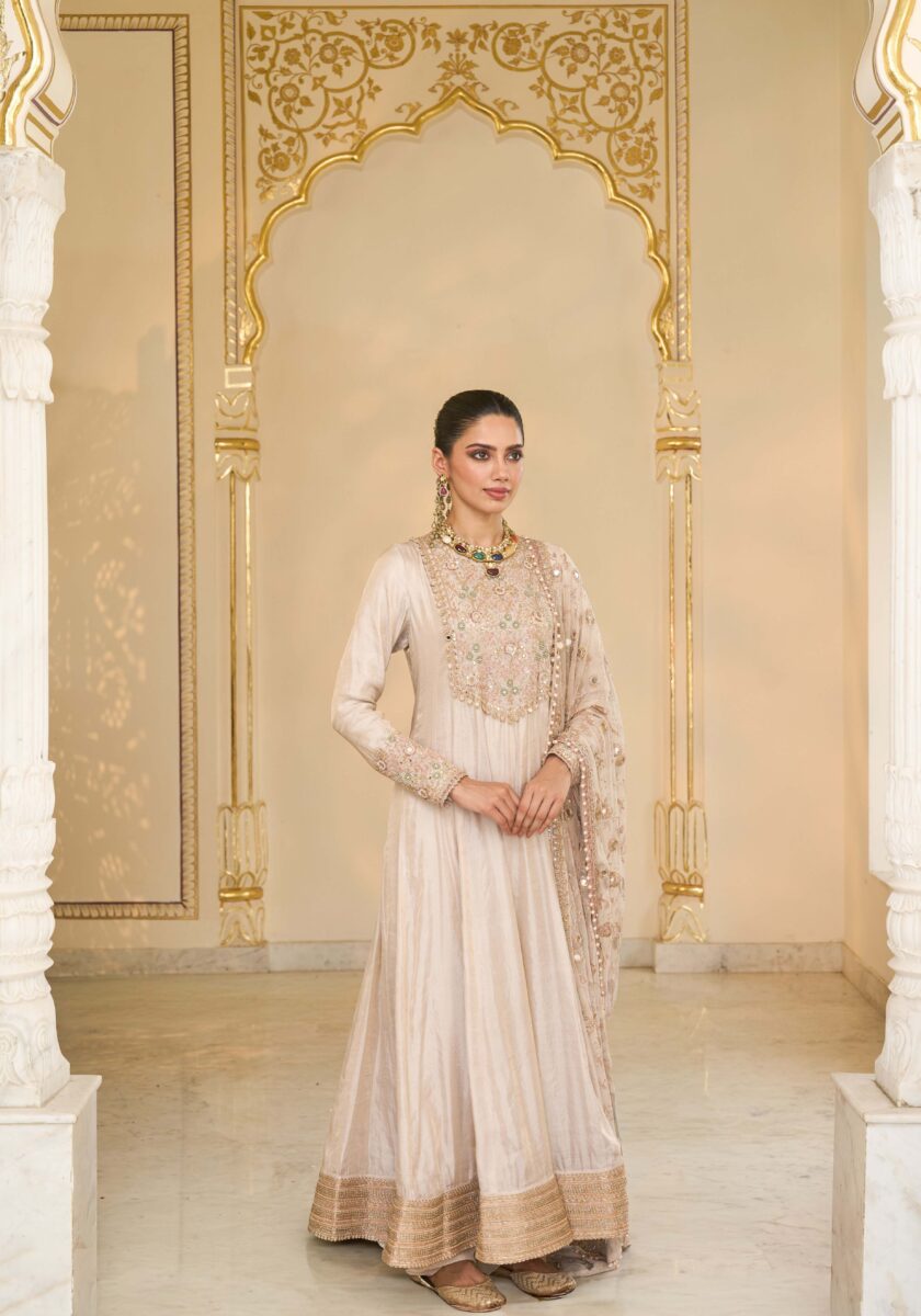 Rose gold tissue & multi thread hand embroidered anarkali set - Image 3