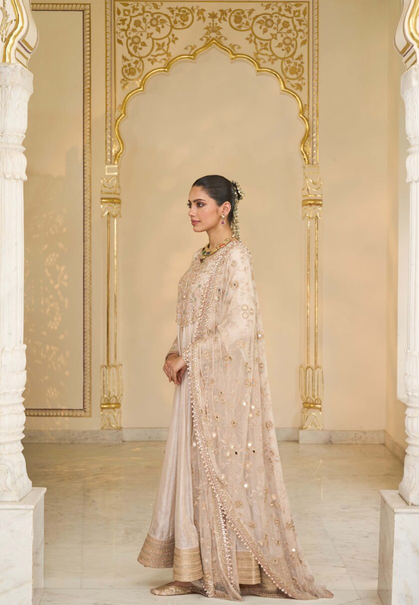 Rose gold tissue & multi thread hand embroidered anarkali set - Image 2