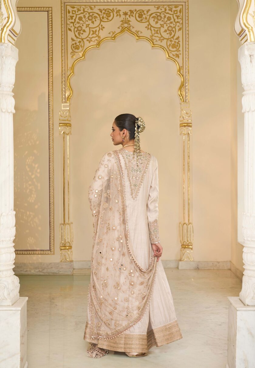 Rose gold tissue & multi thread hand embroidered anarkali set - Image 4