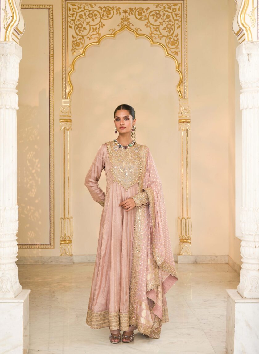 Old rose tissue & multi thread hand embroidered anarkali set