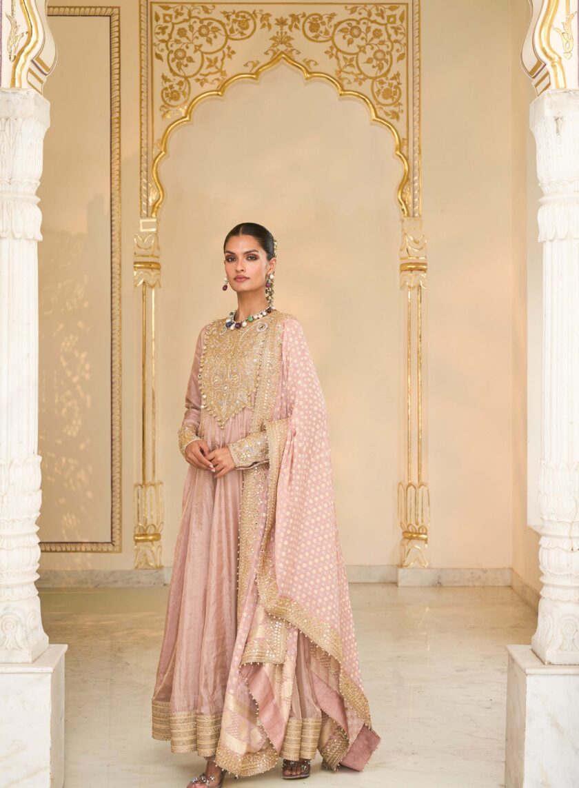 Old rose tissue & multi thread hand embroidered anarkali set - Image 2