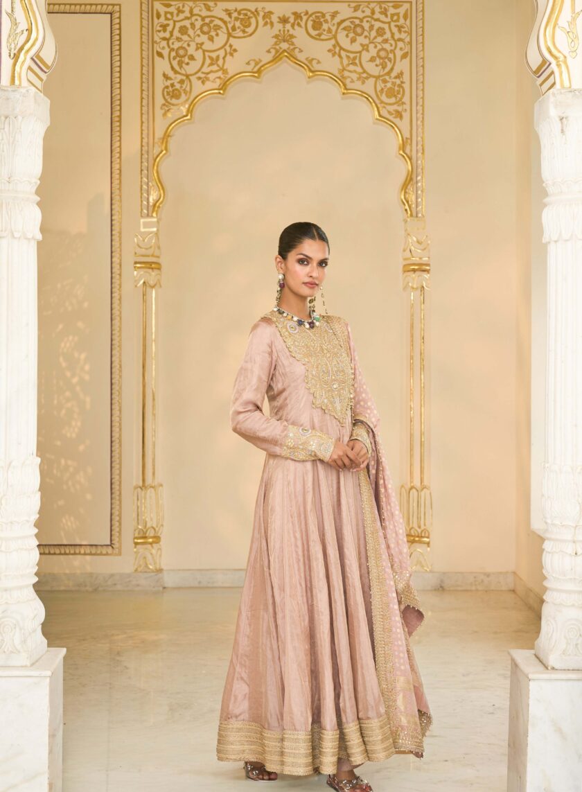 Old rose tissue & multi thread hand embroidered anarkali set - Image 3