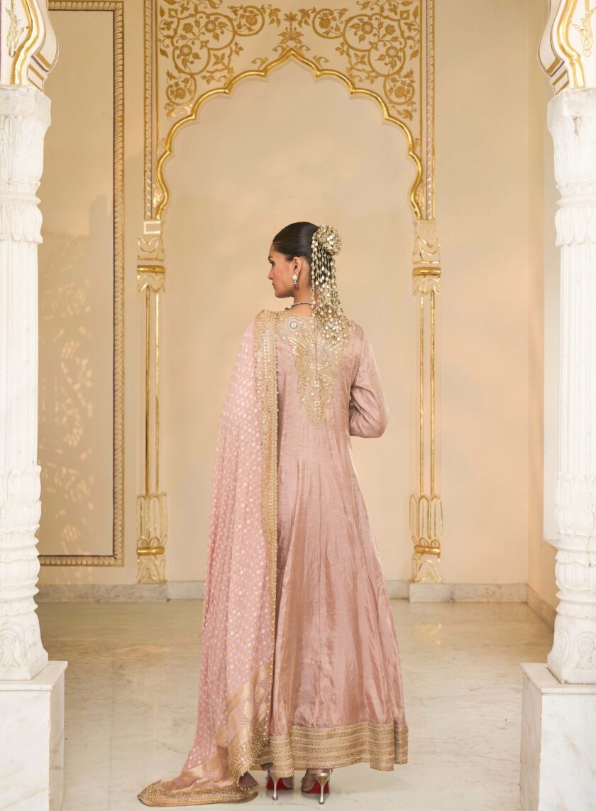 Old rose tissue & multi thread hand embroidered anarkali set - Image 4