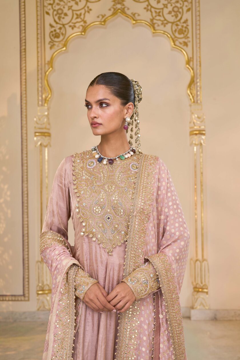 Old rose tissue & multi thread hand embroidered anarkali set - Image 5