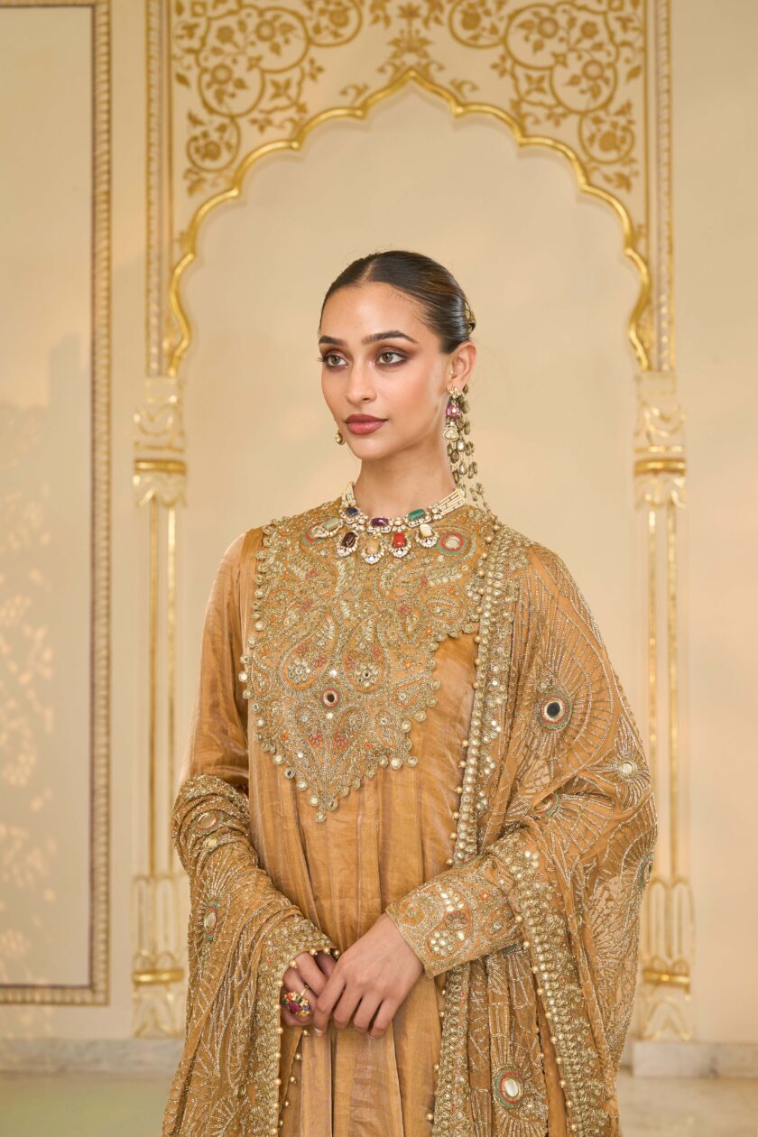 Copper tissue & multi thread hand embroidered short anarkali set - Image 5