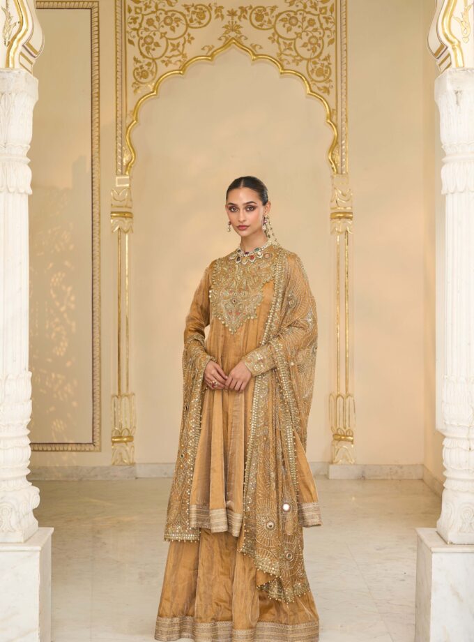 Copper tissue & multi thread hand embroidered short anarkali set