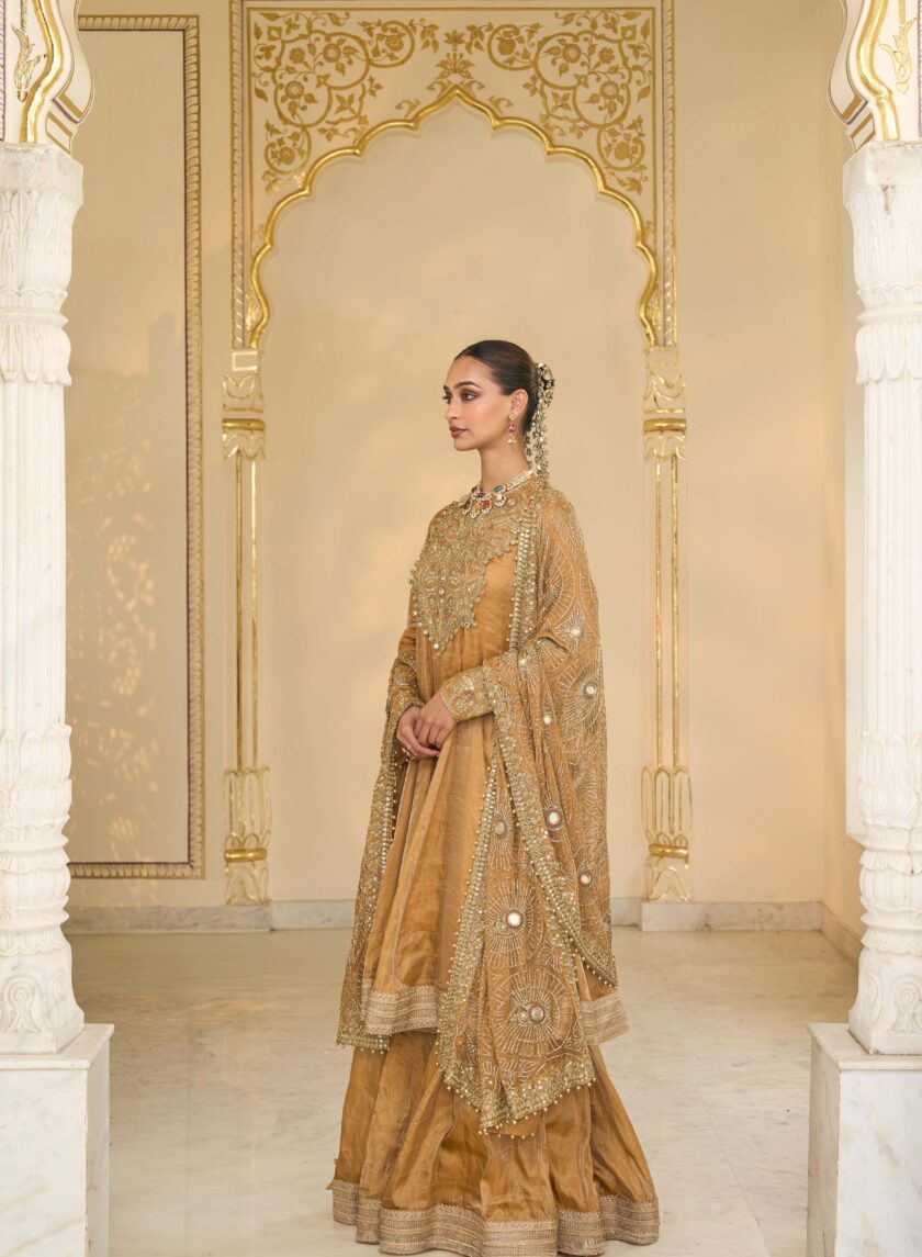 Copper tissue & multi thread hand embroidered short anarkali set - Image 2