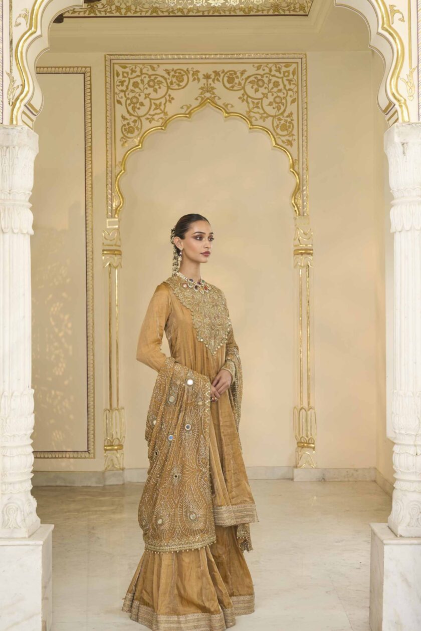 Copper tissue & multi thread hand embroidered short anarkali set - Image 3