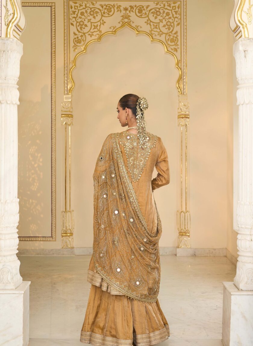 Copper tissue & multi thread hand embroidered short anarkali set - Image 4