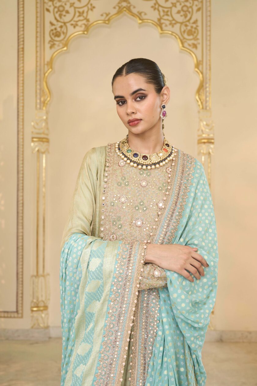 Mint green tissue & multi thread hand embroidered short anarkali set - Image 5