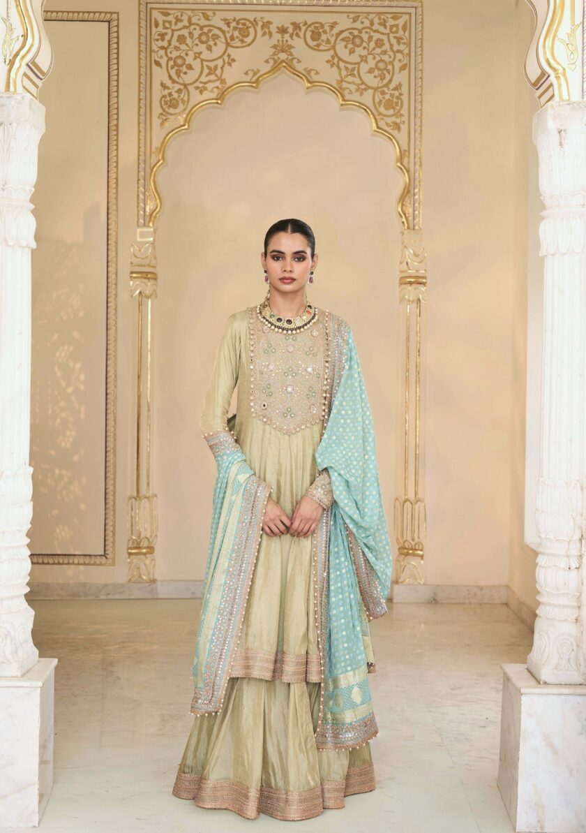 Mint green tissue & multi thread hand embroidered short anarkali set