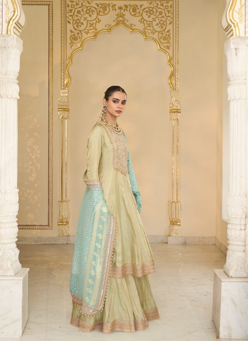 Mint green tissue & multi thread hand embroidered short anarkali set - Image 3