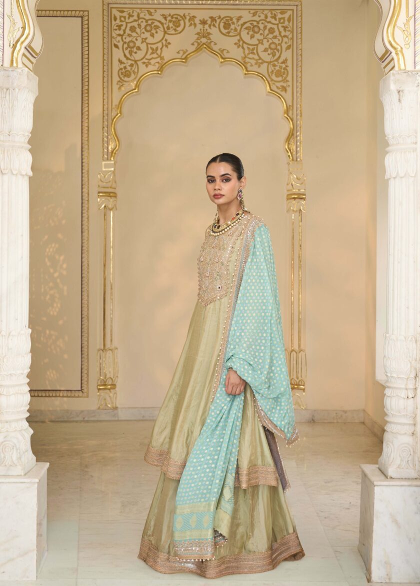 Mint green tissue & multi thread hand embroidered short anarkali set - Image 2