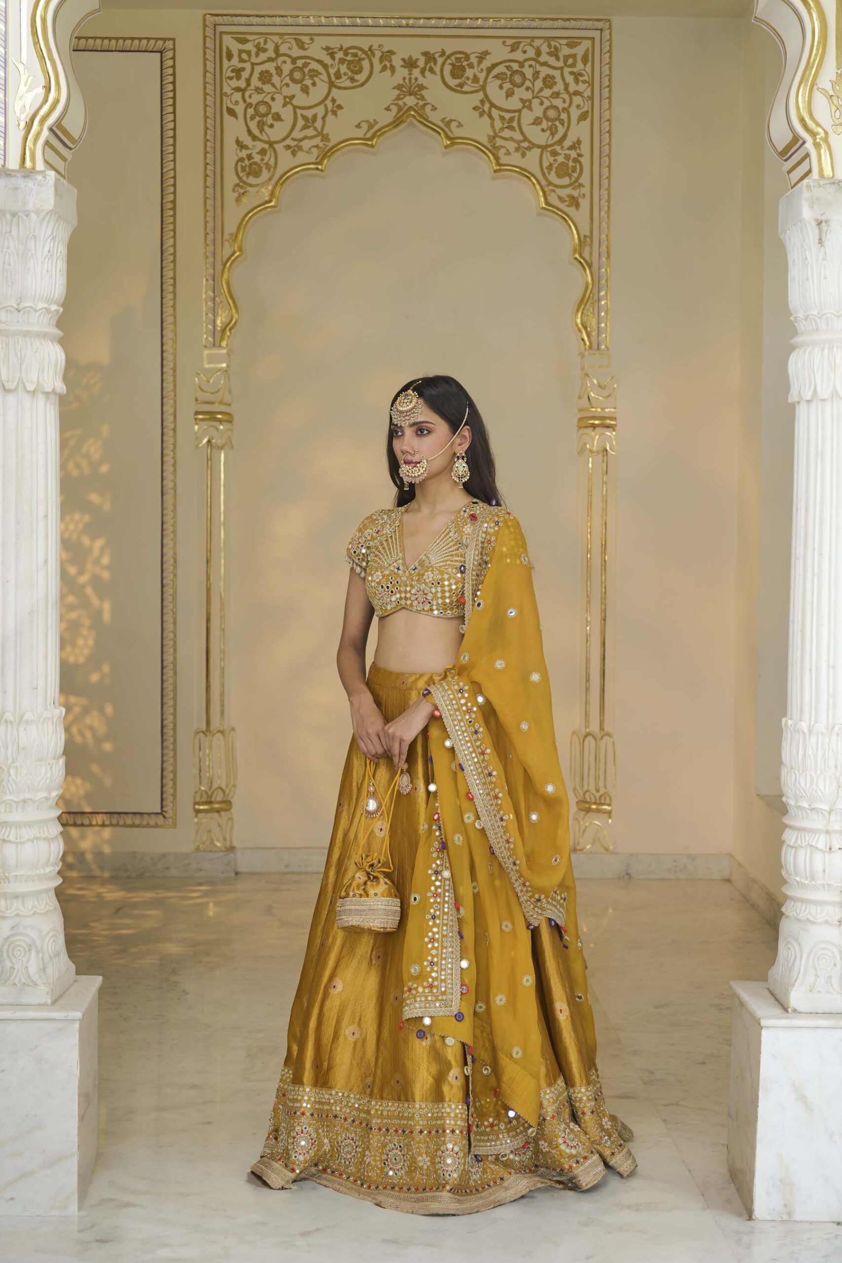 Yellow & multi colour hand embroidered banarasi lehenga set - Image 2