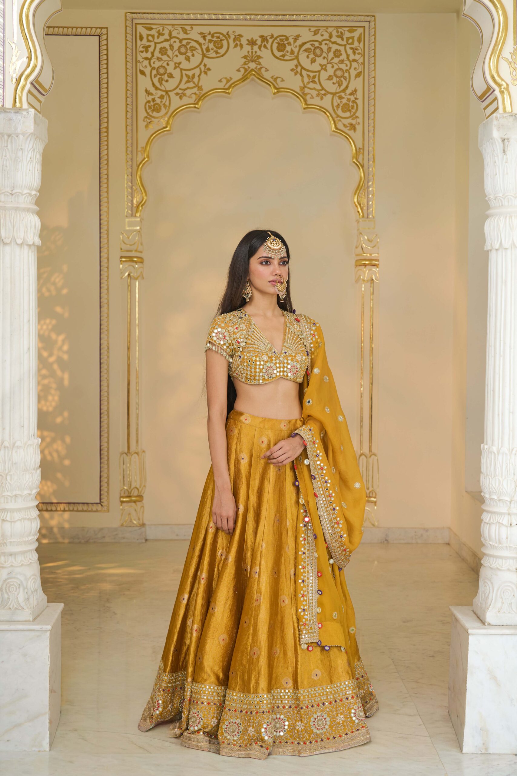 Yellow & multi colour hand embroidered banarasi lehenga set - Image 3