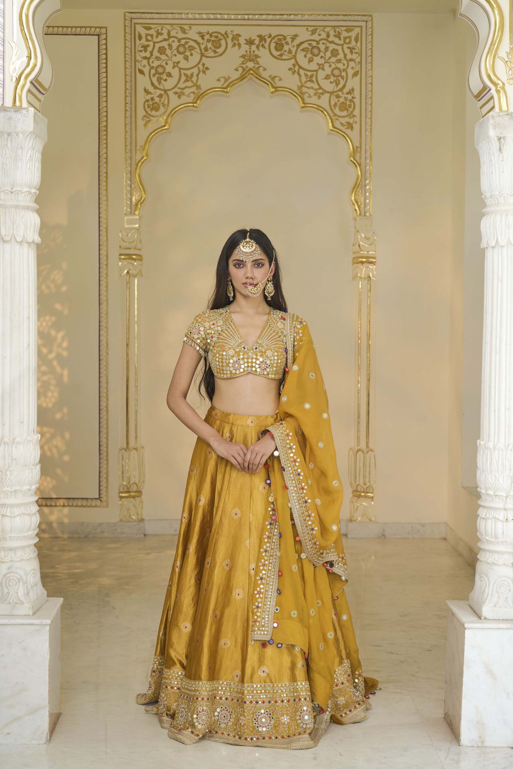Yellow & multi colour hand embroidered banarasi lehenga set