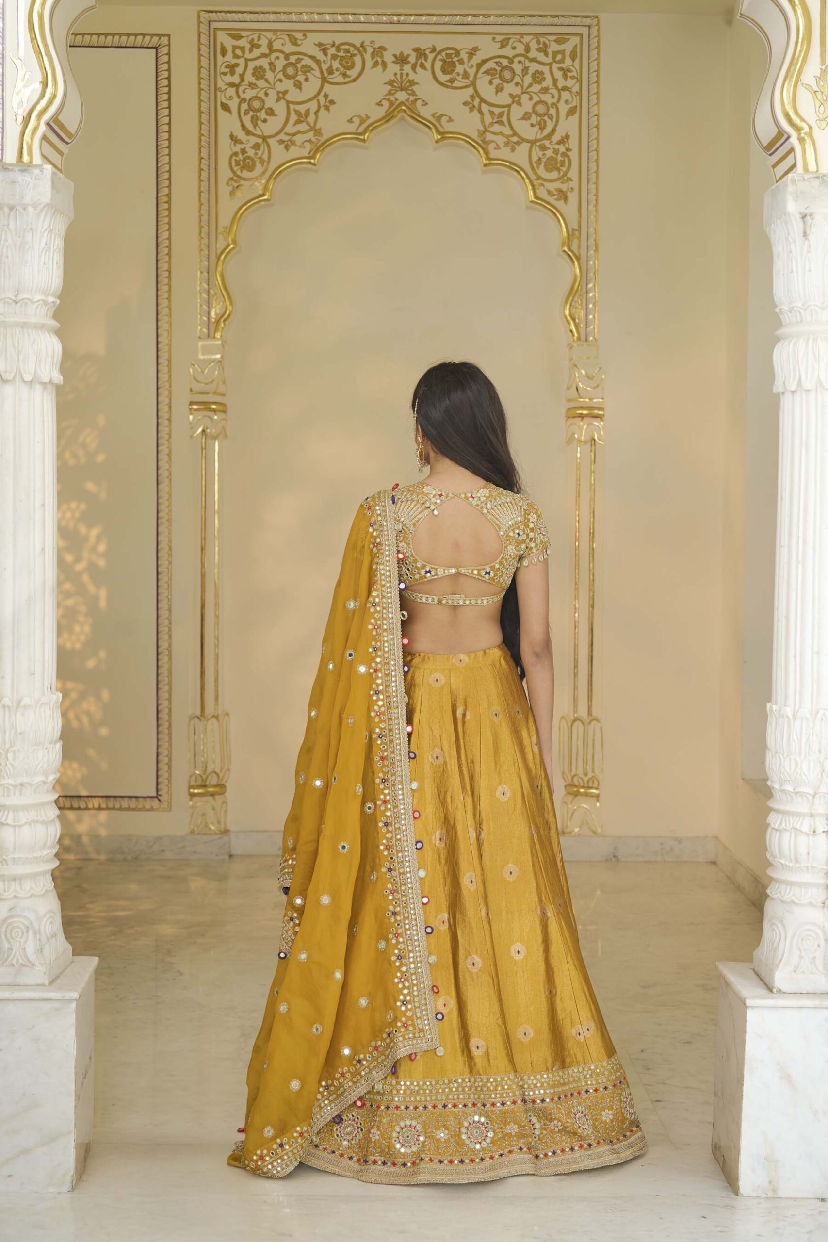 Yellow & multi colour hand embroidered banarasi lehenga set - Image 4